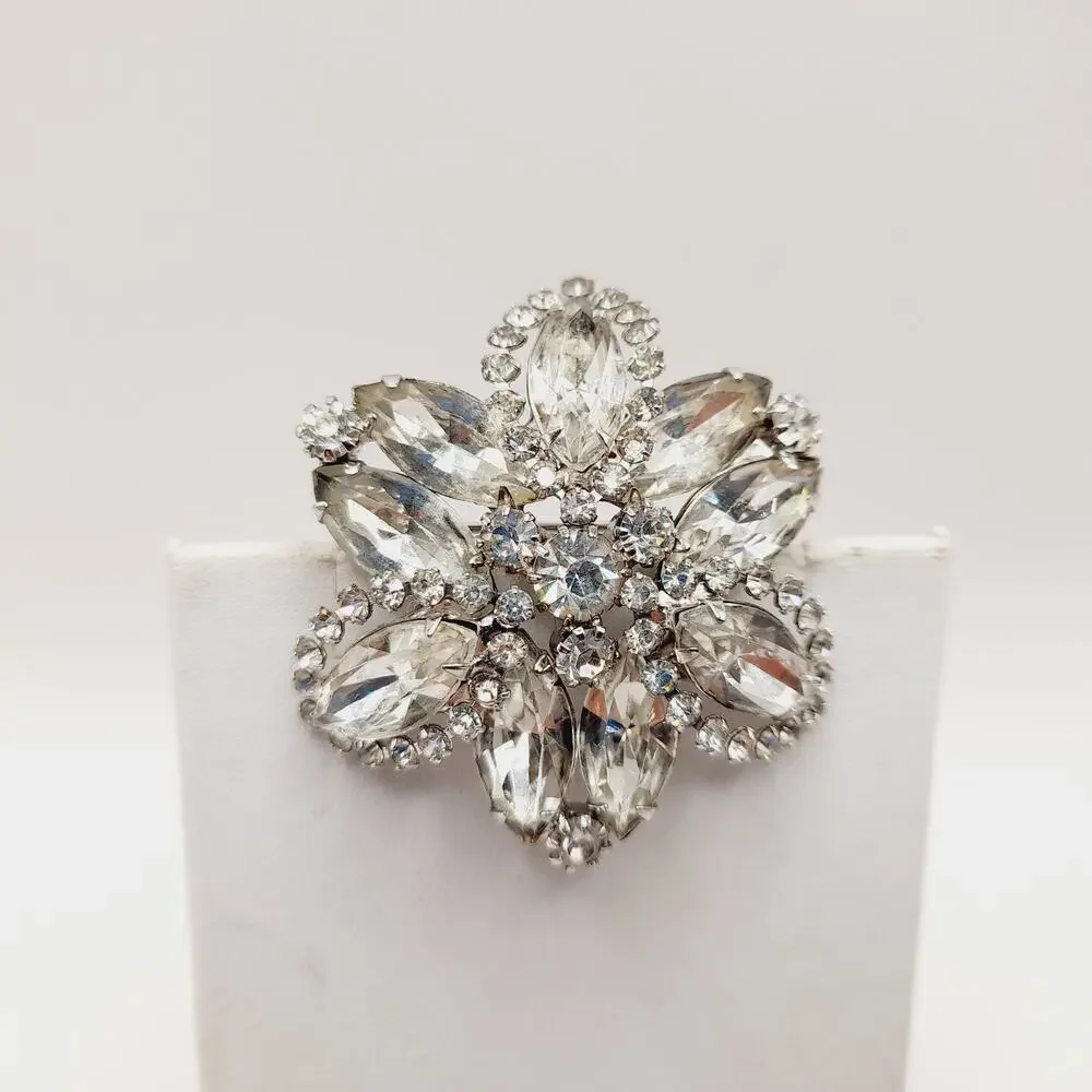 Vintage Clear Rhinestone Flower Brooch Rhodium Plated Sparkling 1.5 Inch